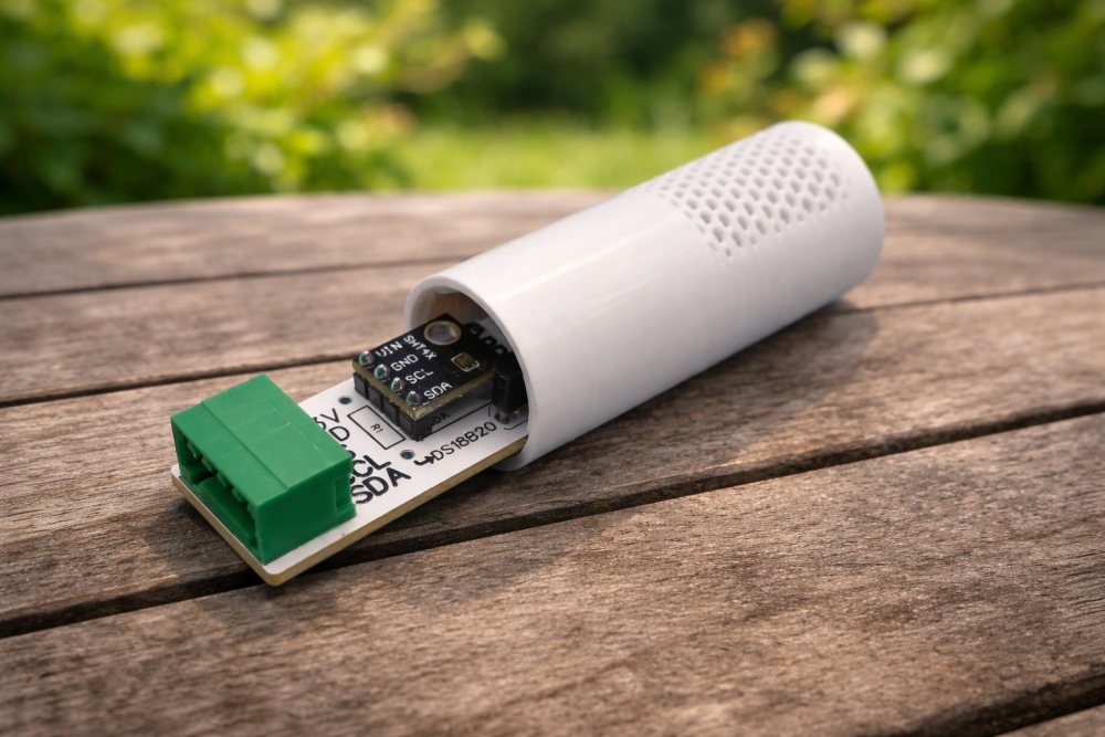 3D tištěný radiační štít s čidlem teploty a vlhkosti SHT4x