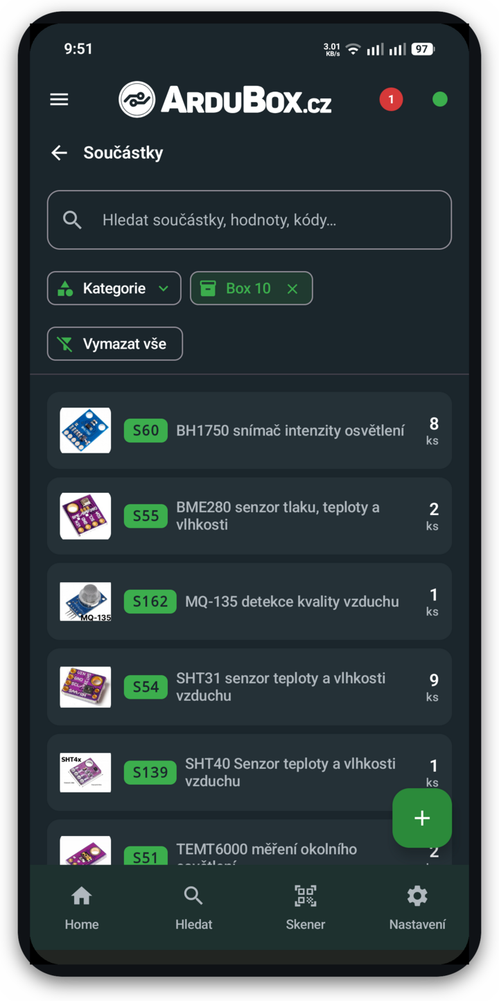 ArduBox – mobilní aplikace pro Android, seznam součástek