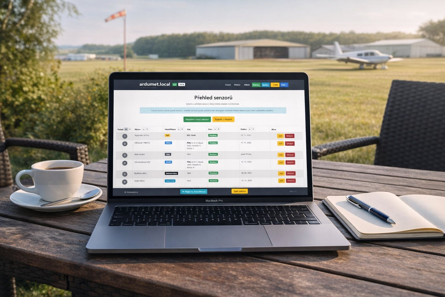 Administrace Ardumet – přehled senzorů na notebooku v terénu